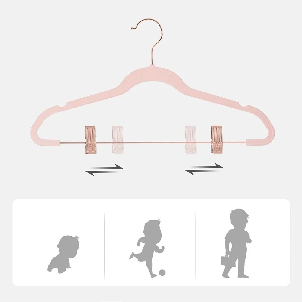 24 Pack Non Slip Space-Saving Hangers w/ Rose Hold Clips & Hooks, Light Pink